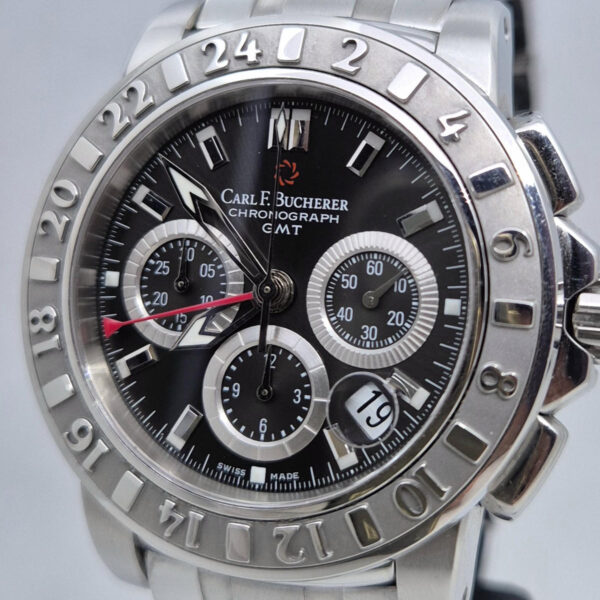 Carl F. Bucherer Patravi 00.10618.08.33 (10) Carl F. Bucherer Patravi 00.10618.08.33.01 – szwajcarski zegarek z funkcją Chronograf i GMT. Dostępny w doskonałym stanie w ArtemWatch.