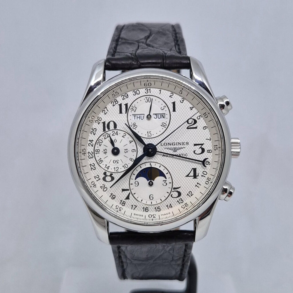 Longines MasterCollection L26734 – elegancki szwajcarski zegarek z automatycznym mechanizmem, chronografem, fazami Księżyca i rocznym kalendarzem