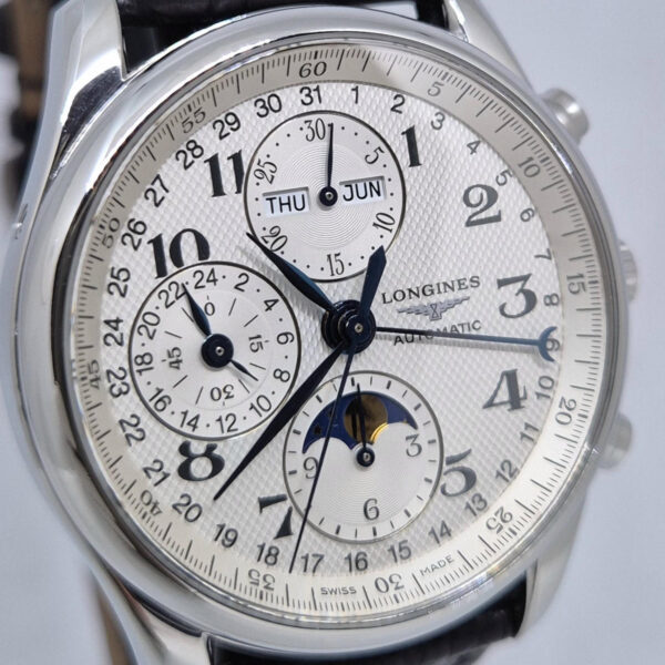 Longines MasterCollection L26734 (11) Longines MasterCollection L26734 – elegancki szwajcarski zegarek z automatycznym mechanizmem, chronografem, fazami Księżyca i rocznym kalendarzem