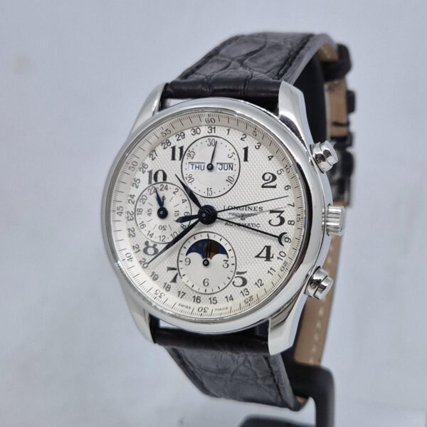 Longines MasterCollection L26734 (5) Longines MasterCollection L26734 – elegancki szwajcarski zegarek z automatycznym mechanizmem, chronografem, fazami Księżyca i rocznym kalendarzem