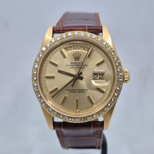 Rolex Day-Date 1803 — złoty vintage Rolex 1978 roku z diamentowym bezelem i tarczą Pie-Pan. Oryginalny zegarek kolekcjonerski. Dostępny w Artemwatch.